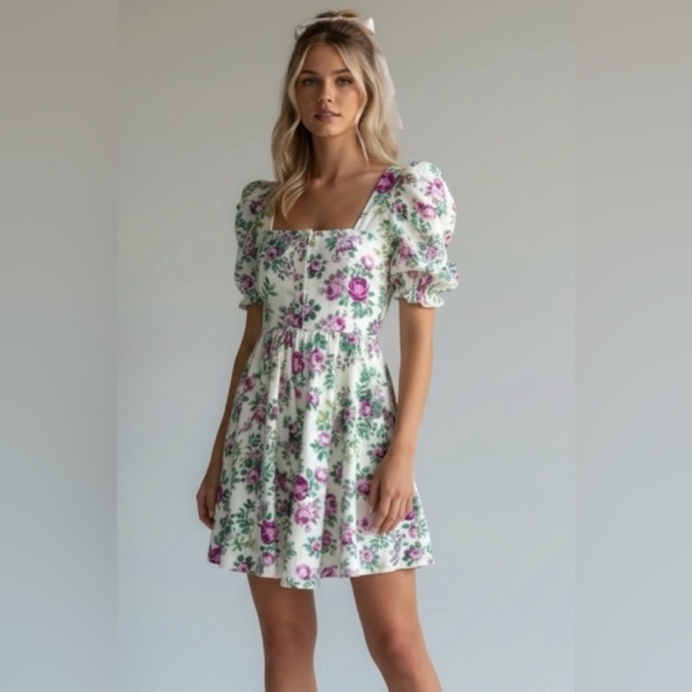 ASOS Design Floral Mini Dress Cottagecore Puff Sleeve White Purple Size S - Picture 1 of 9